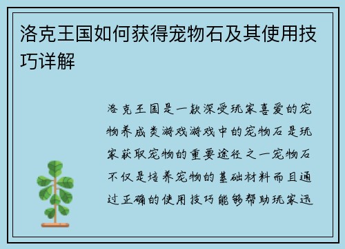 洛克王国如何获得宠物石及其使用技巧详解